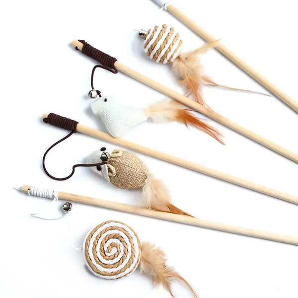 Wooden Cat Teaser Wand with Feathers