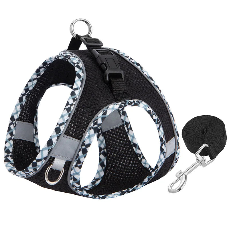 Reflective Mesh Harness and Lead Set - Black / XXS