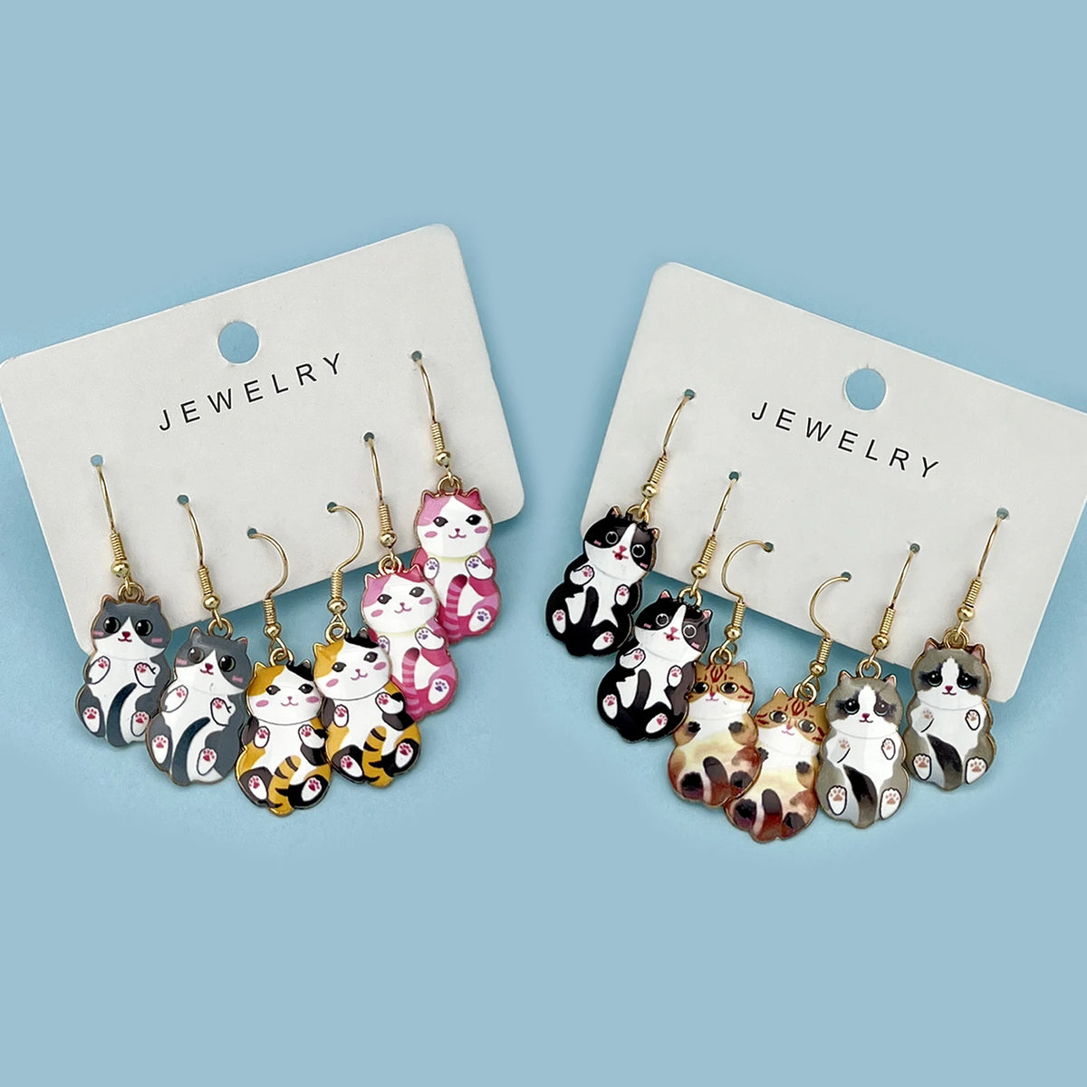 Enamel Cat Dangle Earrings Set (3 Pairs)