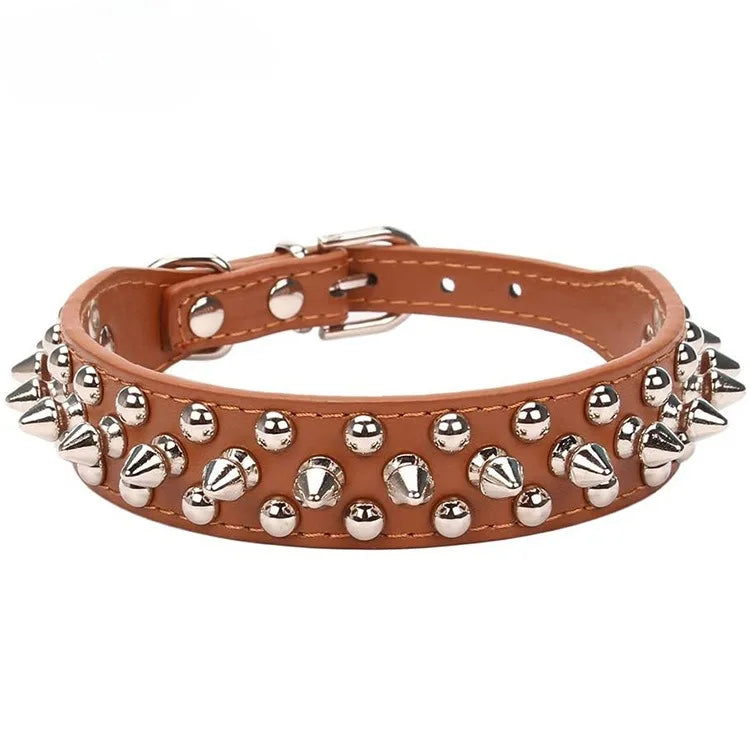 Spiked Faux Leather Dog Collar - Khaki / M