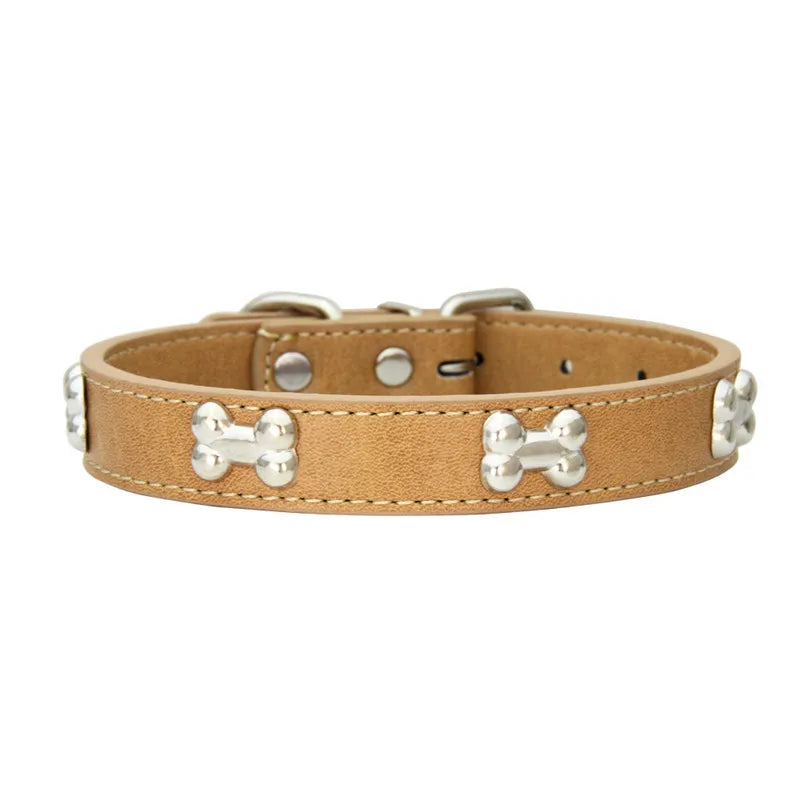 Leather Dog Collar with Bone Studs - Chocolate / XS