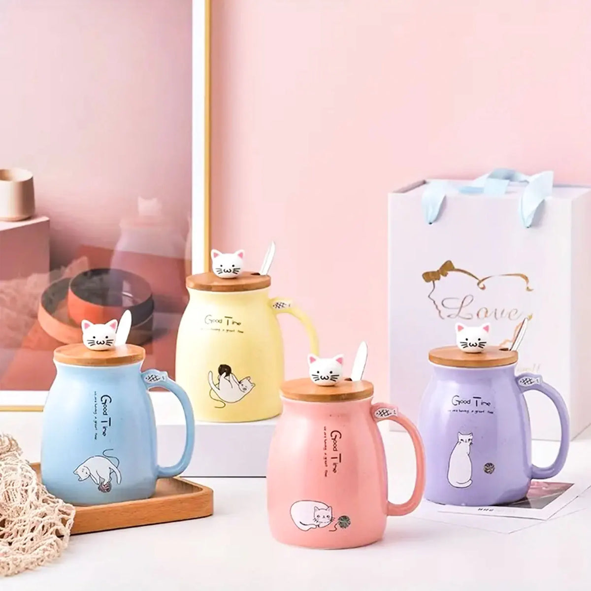Cat Teacup Mug with Lid & Spoon