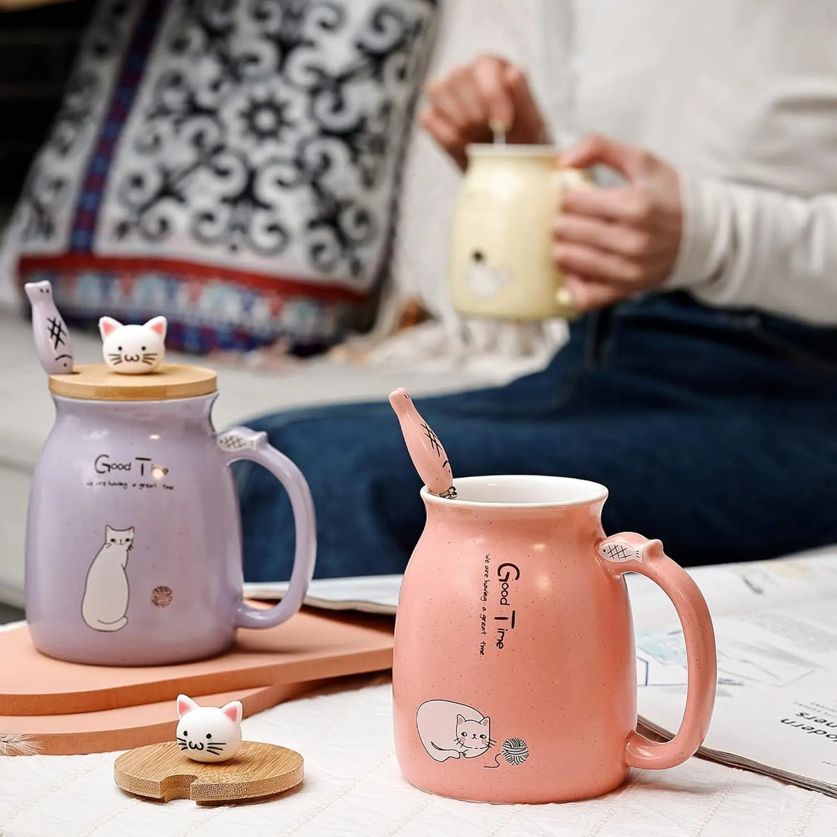 Cat Teacup Mug with Lid & Spoon