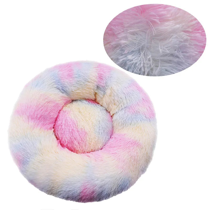 Fluffy Round Calming Bed, up to 90 cm - Rainbow tie-dye / 40 cm