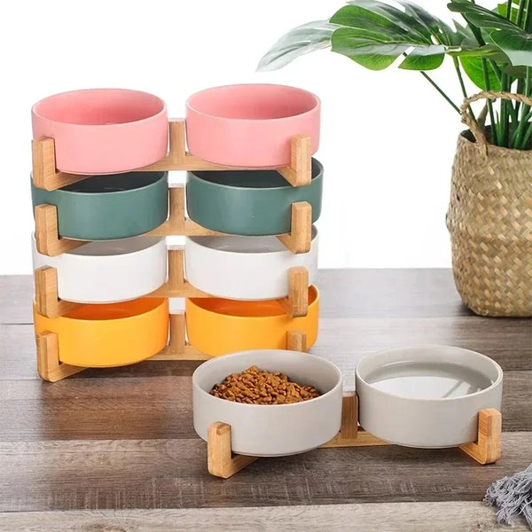 Ceramic Double Bowl on Wooden Stand