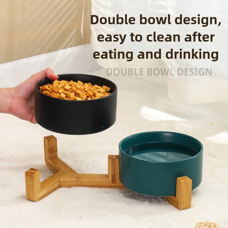 Ceramic Double Bowl on Wooden Stand