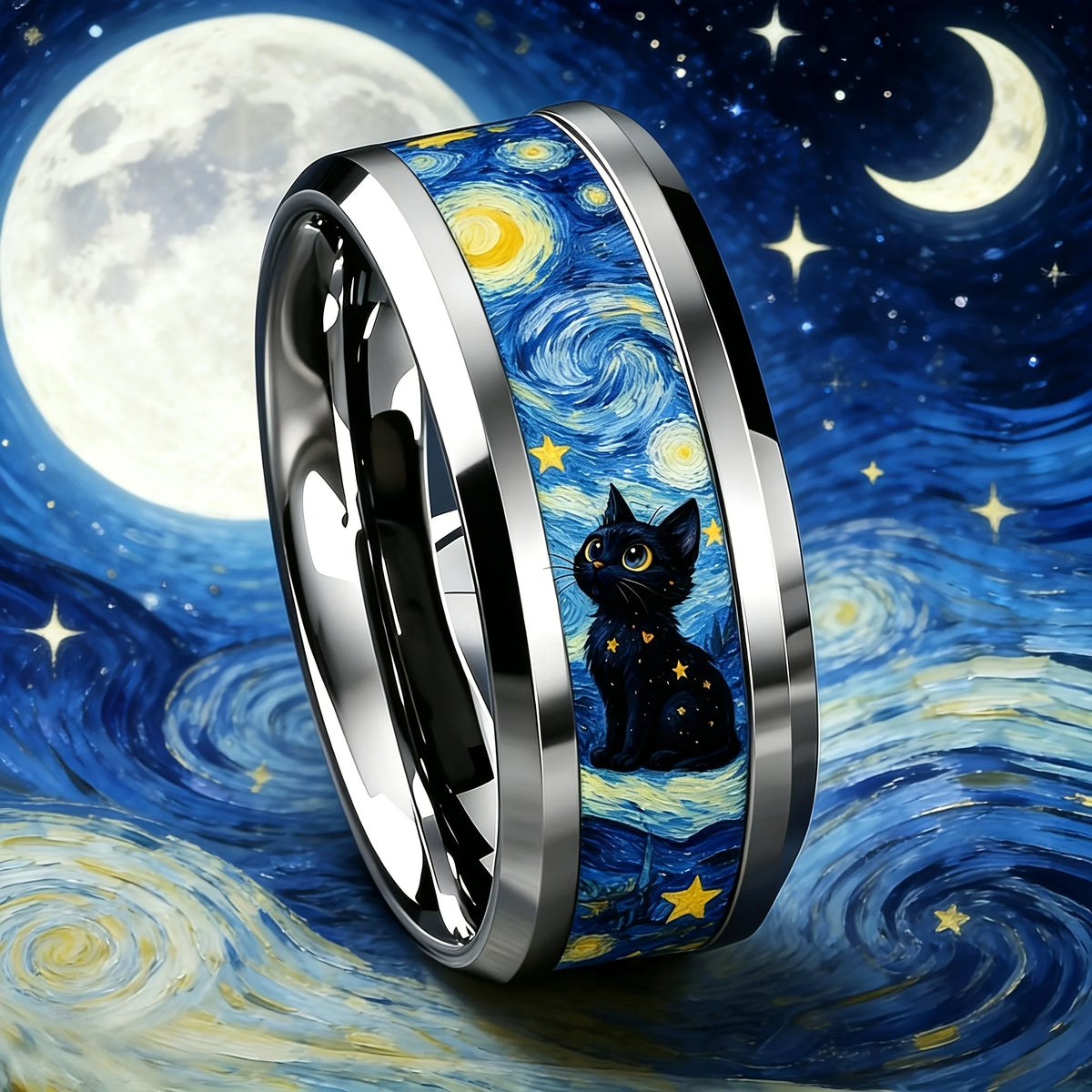 Cat Gazing at the Moon Ring