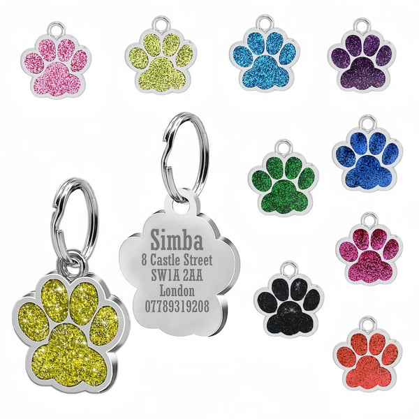 Glitter paw pet ID tags in six colours with engraved back