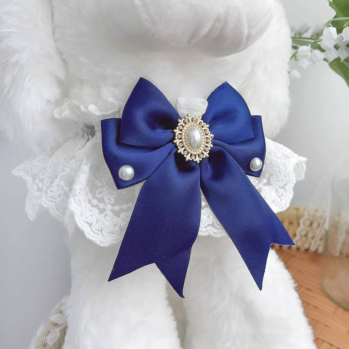 Lace Bow Bib for Cats and Small Dogs - Navy bow / XS