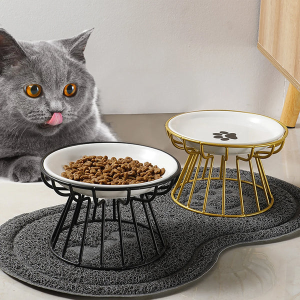 Raised Ceramic Cat Bowl on Metal Stand