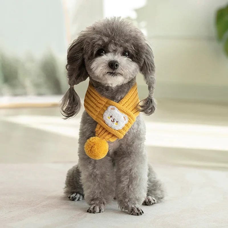 Knitted Pom-Pom Scarf for Small Pets - Yellow / S