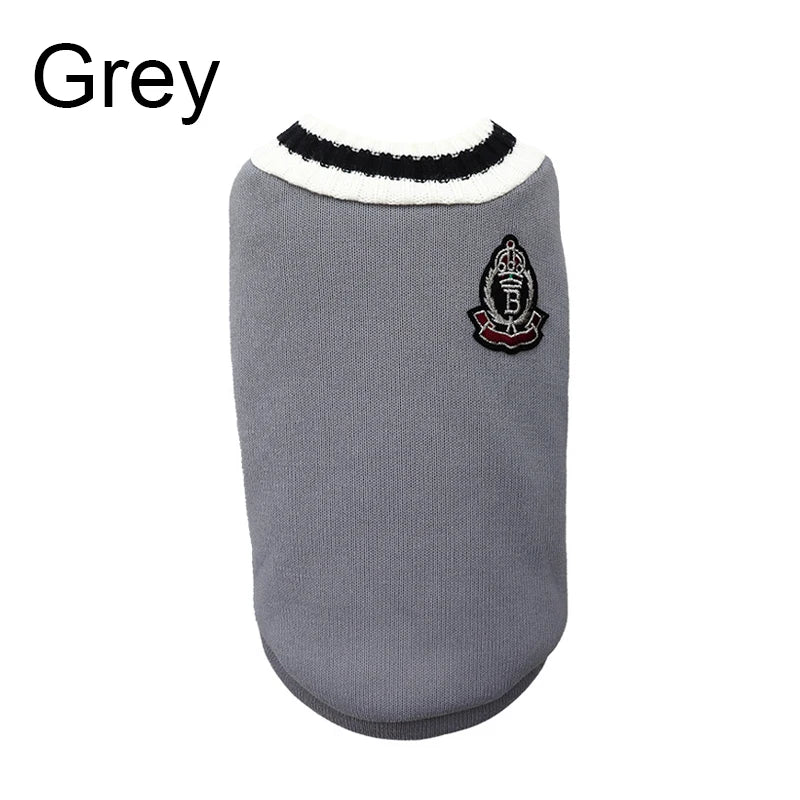 College-Style V-Neck Dog Jumper - Grey / XS