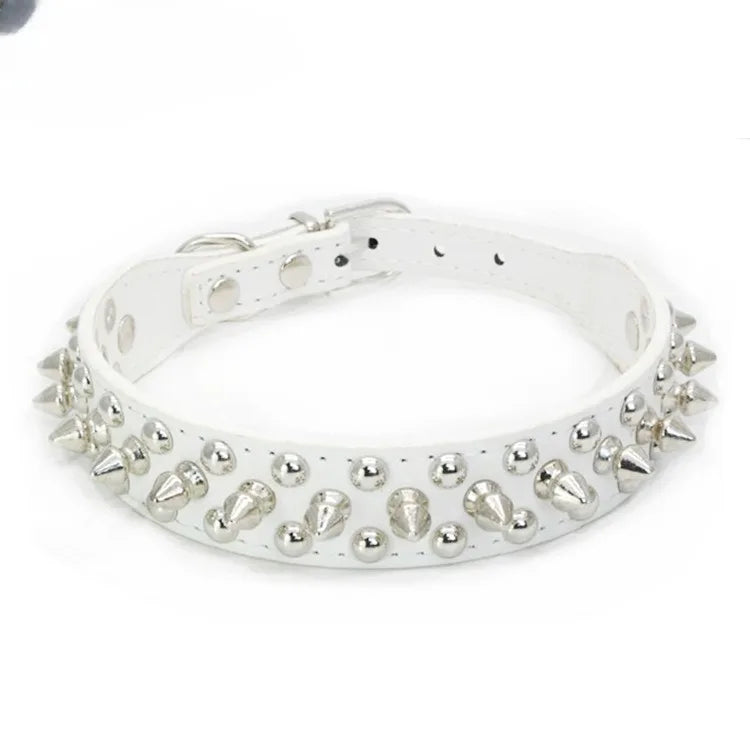 Spiked Faux Leather Dog Collar - White / S