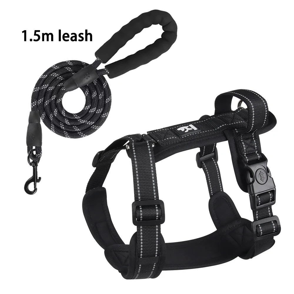 Padded Dog Harness with Handle, Lead Option - Black With Leash / S