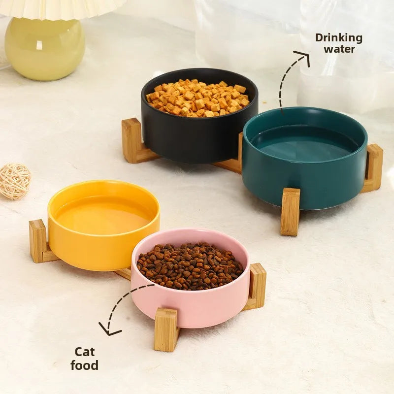 Ceramic Double Bowl on Wooden Stand