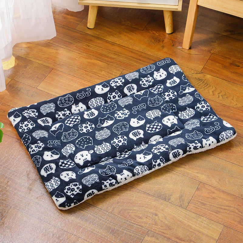 Double-Sided Plush Pet Mat - Navy Cat Head / L, 61 x 41 cm