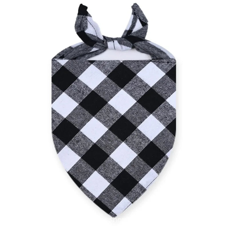 Plaid Cotton Bandana for Dogs - Black White / S (48 x 34 cm)
