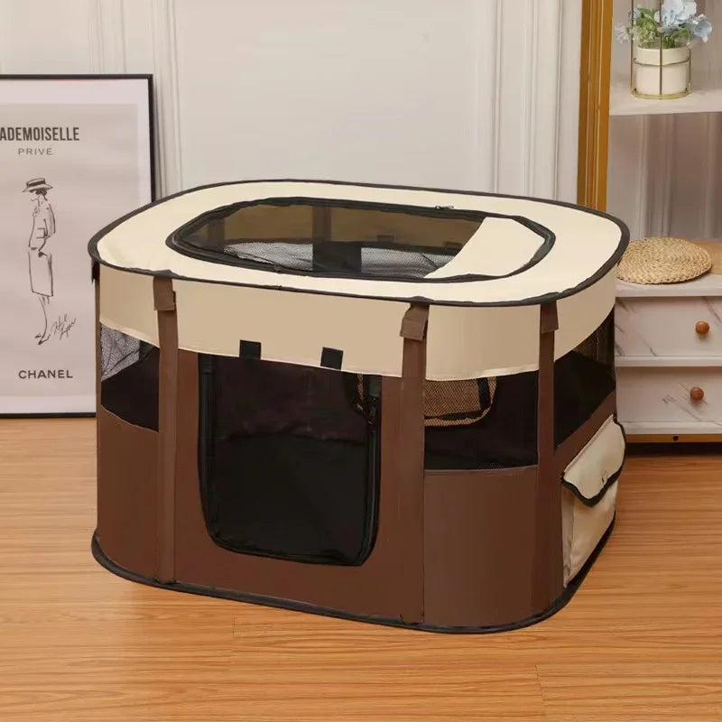 Pop-Up Pet Playpen House - Brown and cream / M (70 x 55 x 45 cm)