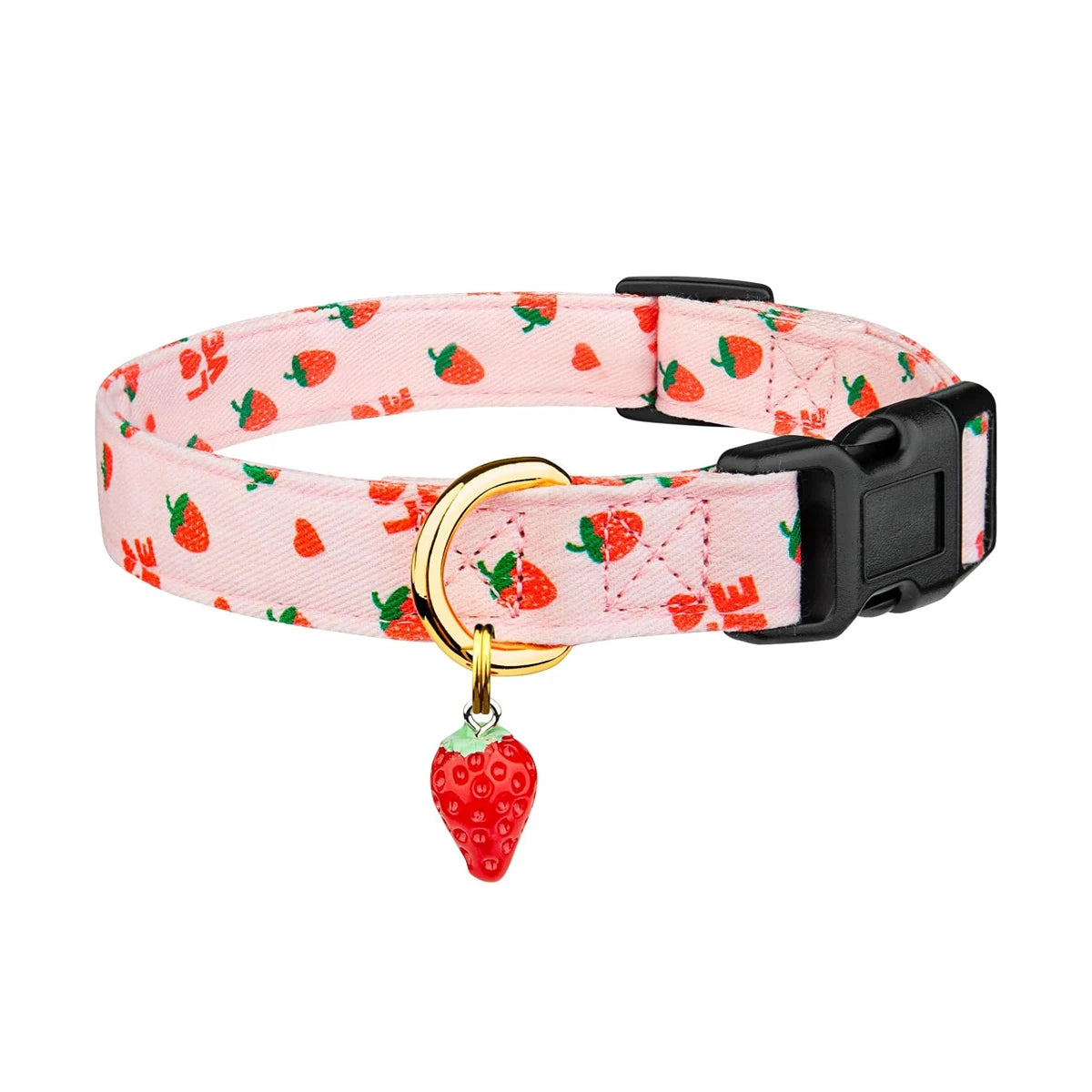 Cotton Dog Collar with Heart or Strawberry Charm - Red Strawberry / S (23 to 35 cm)