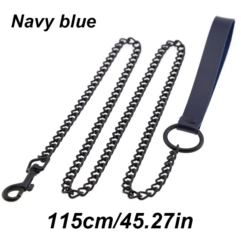 Chew-Proof Chain Dog Lead with Padded Handle - Navy Blue