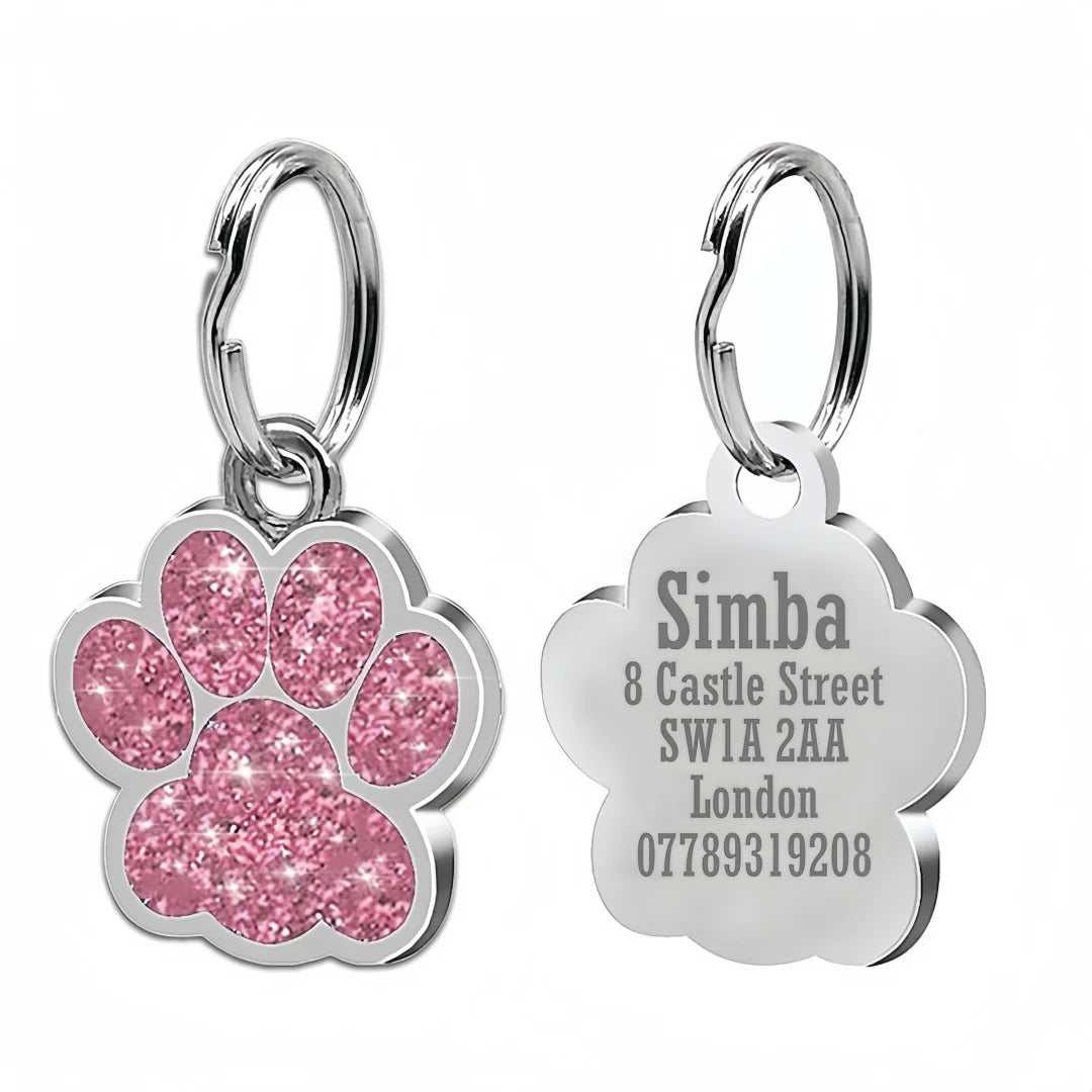 Pink glitter paw ID tag with engraved back