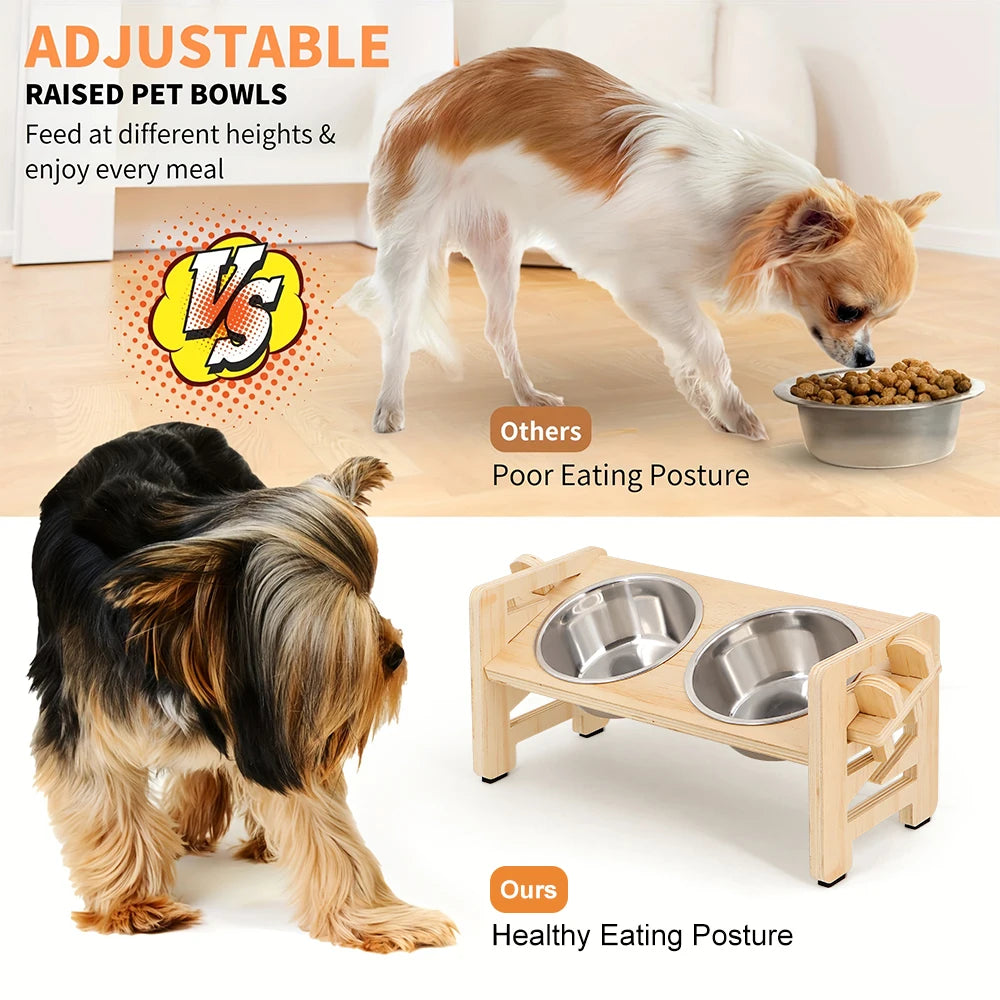 Adjustable Raised Wooden Bowl Stand with 2 Bowls
