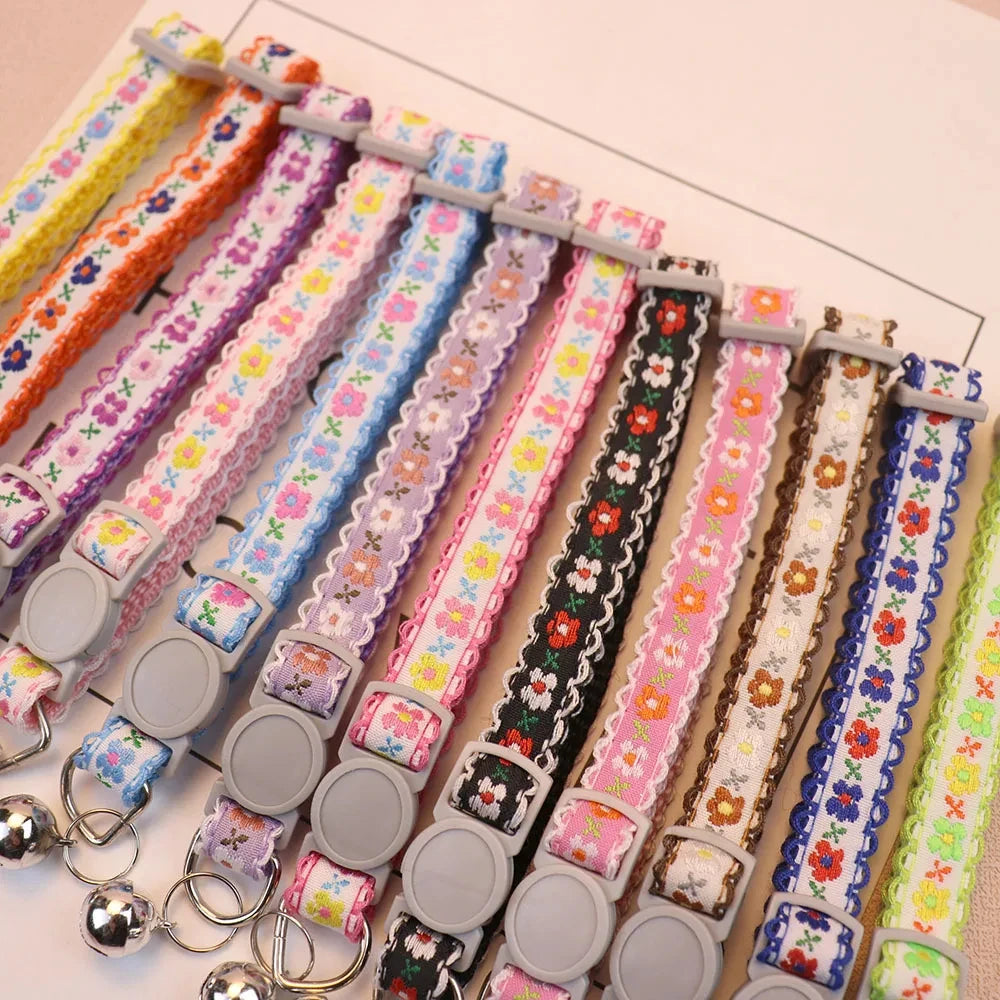 Floral Embroidered Cat Collar with Bell