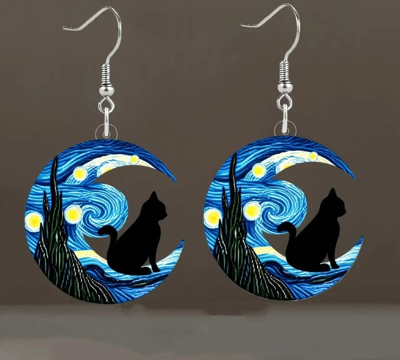 Starry Night Moon Cat Earrings
