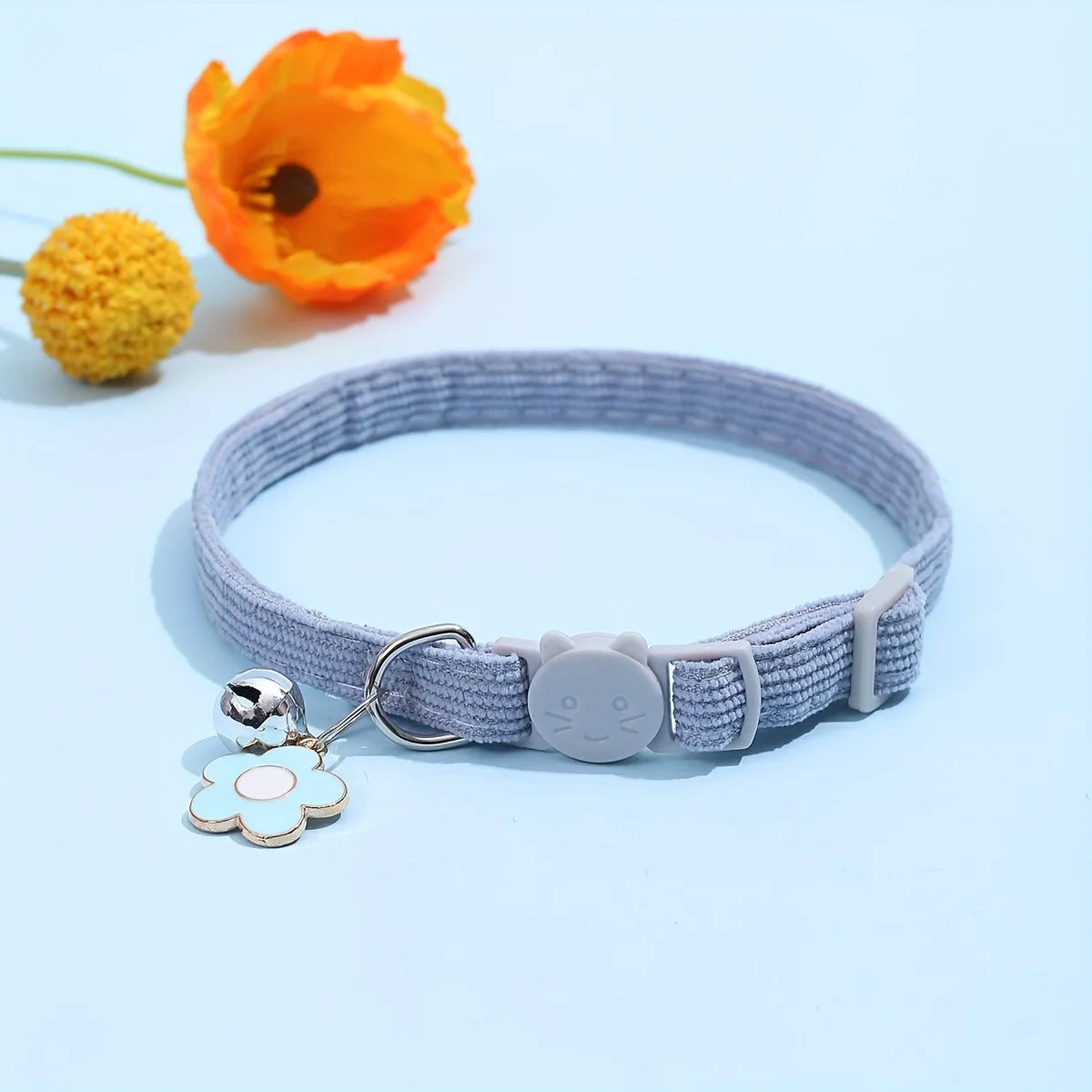 Cat Collar with Bell and Flower Charm - Blue
