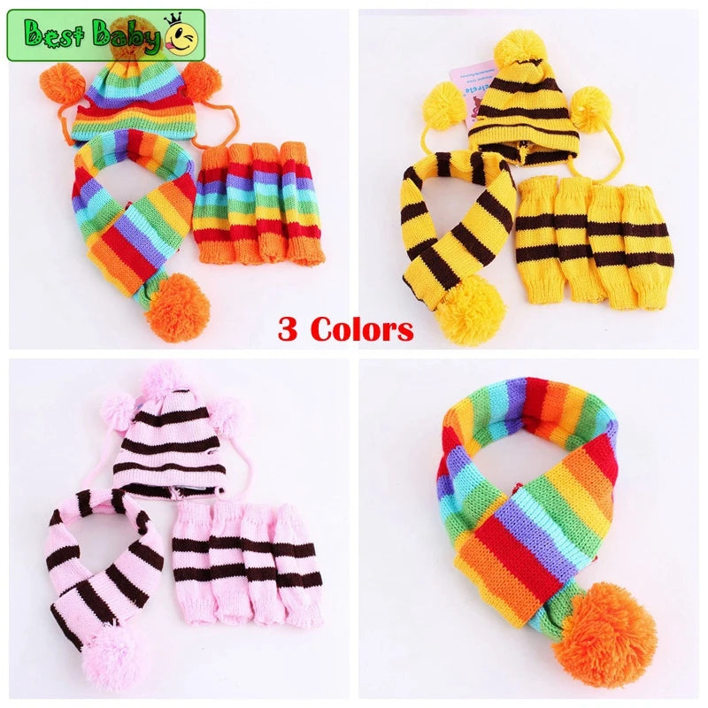 Knitted Striped Pom-Pom Hat Set