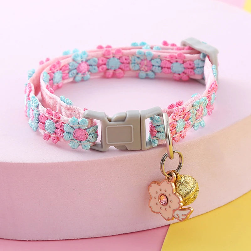 Flower Cat Collar with Bell and Charm - Pink, flower charm
