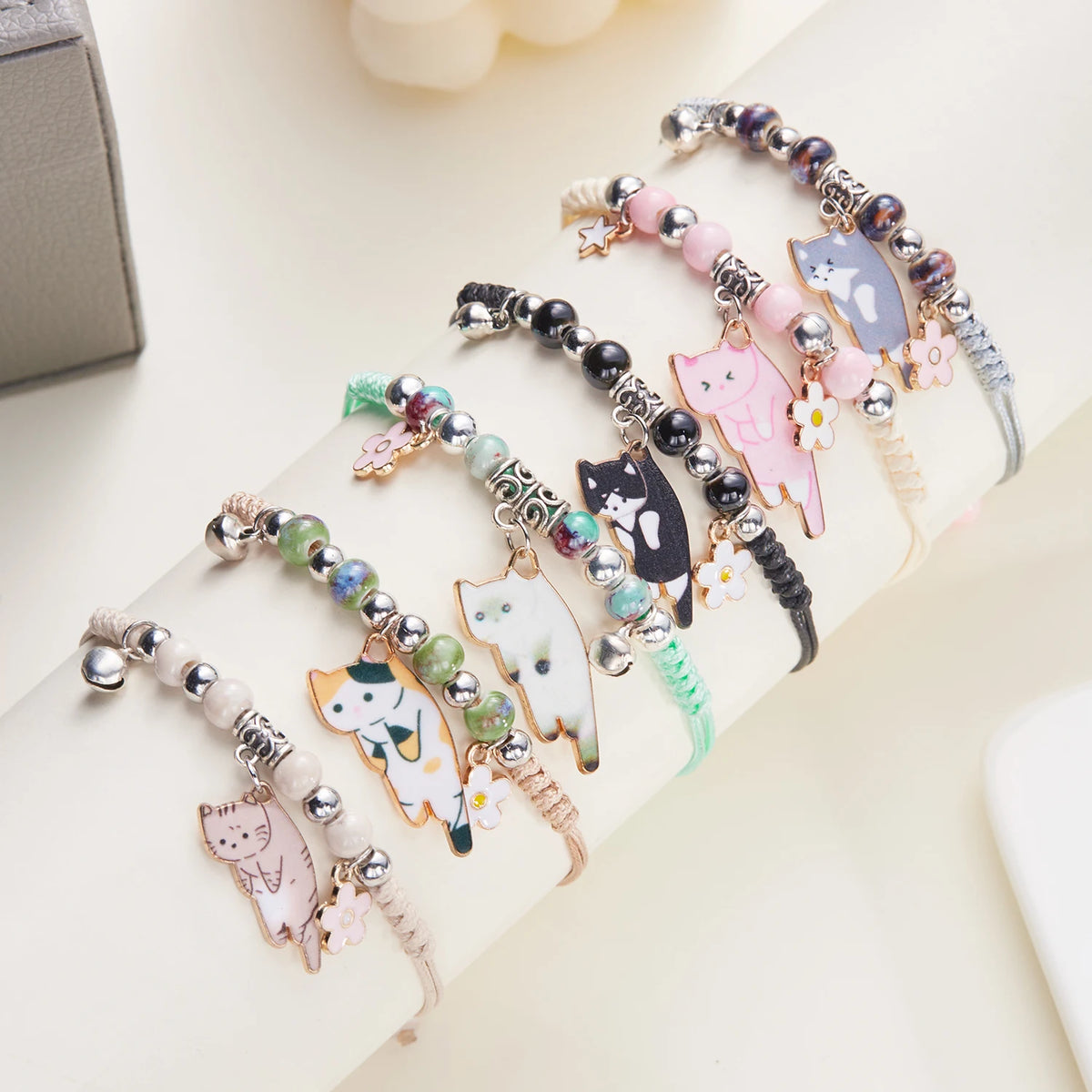 Enamel Cat & Flower Charm Bracelet