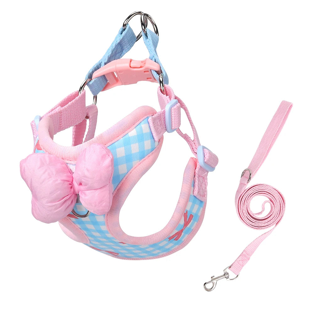 Check Harness and Lead Set with Bow - Pink and blue check / L (7 to 10 kg)