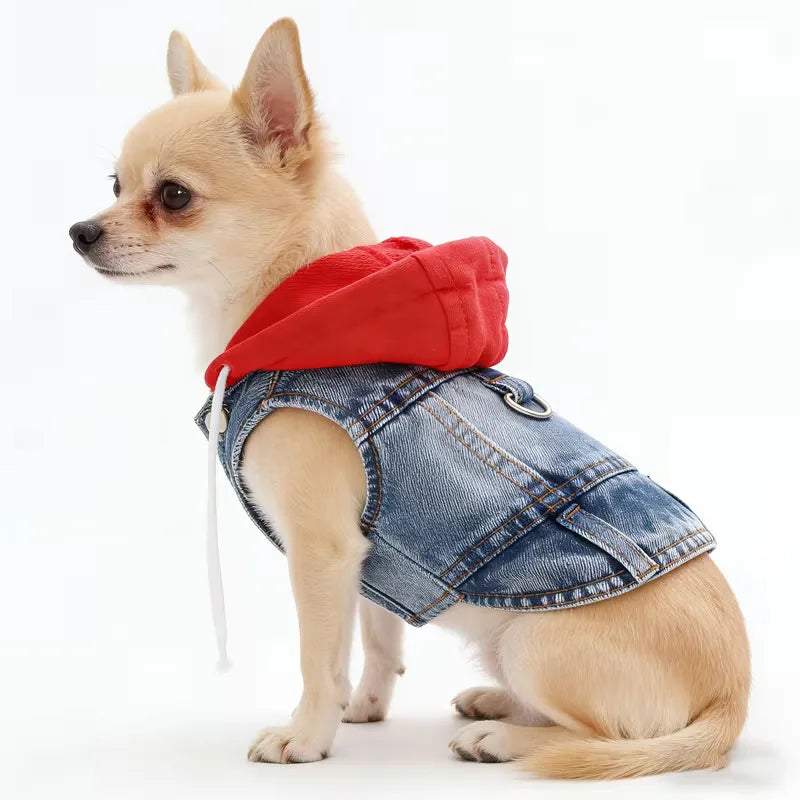 Denim Jacket with Hood for Small Dogs - Red / XS