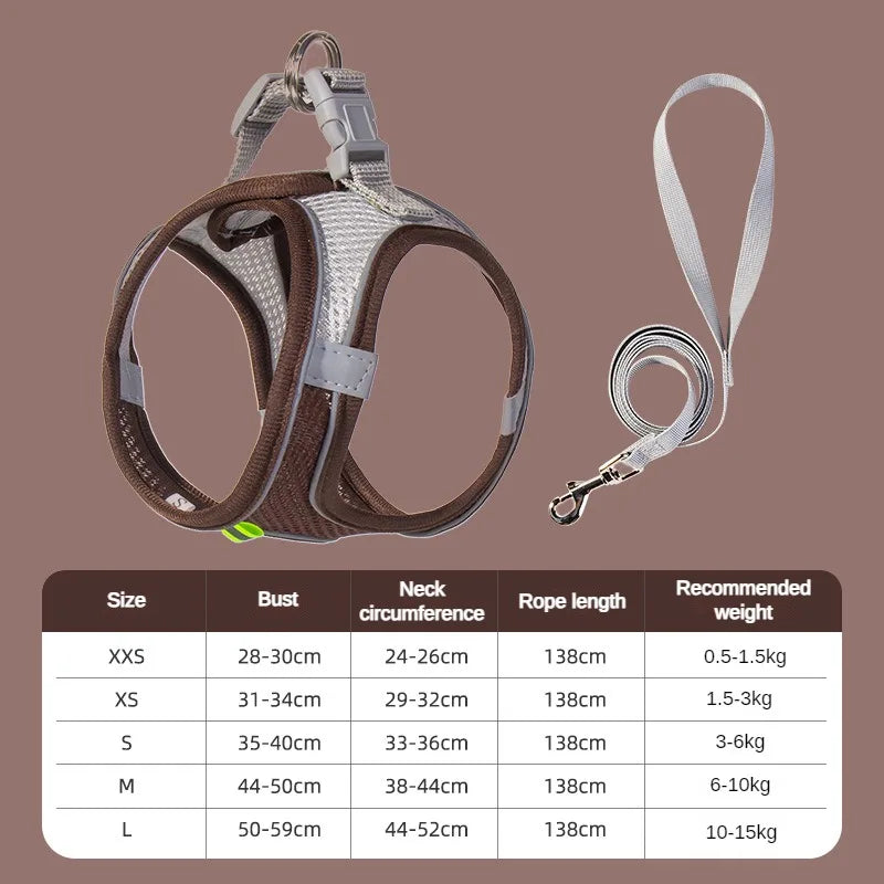 Soft Harness and Lead Set for Puppies and Small Dogs - Coffee / XXS 0.5-1.5 kg