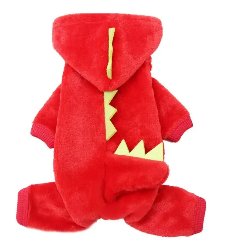 Red dinosaur fleece jumpsuit for small dogs