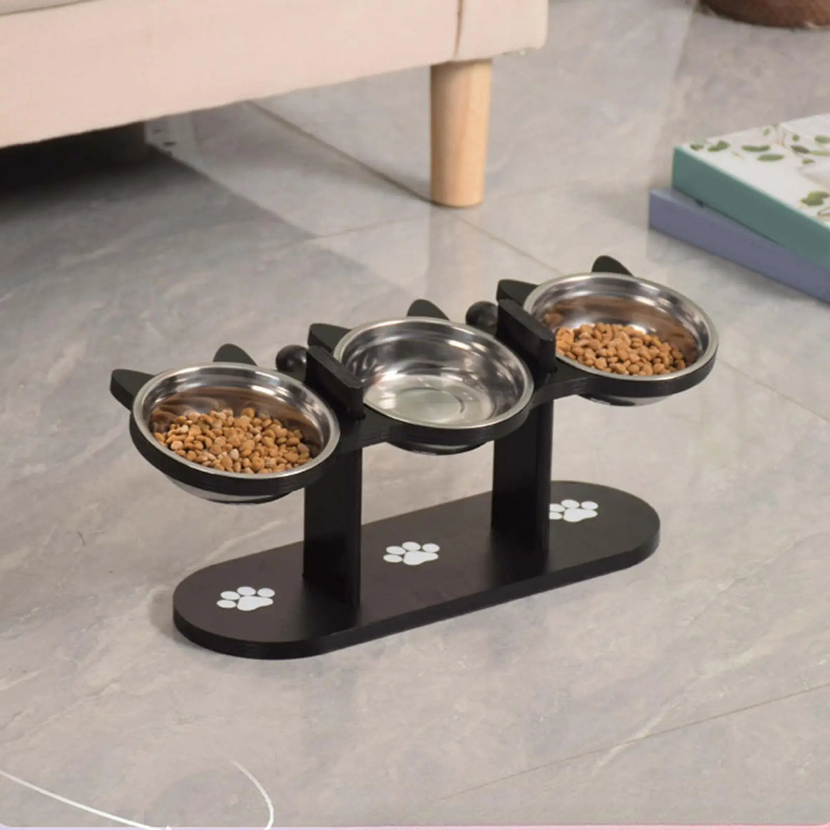 Tilted Stainless Steel Cat Bowls on Wooden Stand
