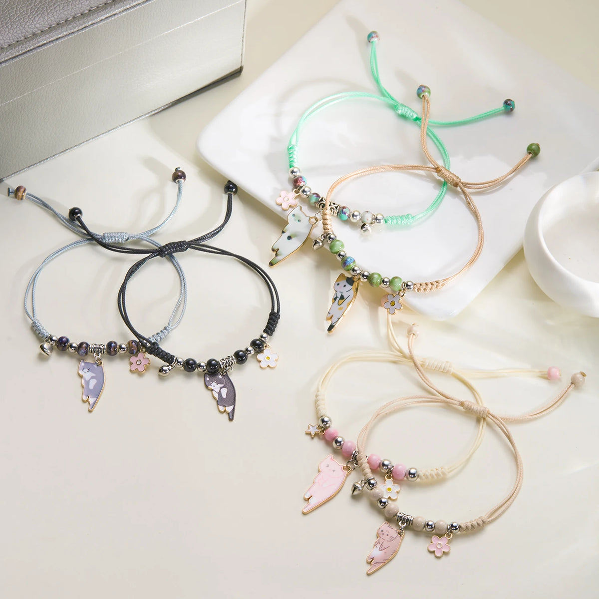 Enamel Cat & Flower Charm Bracelet