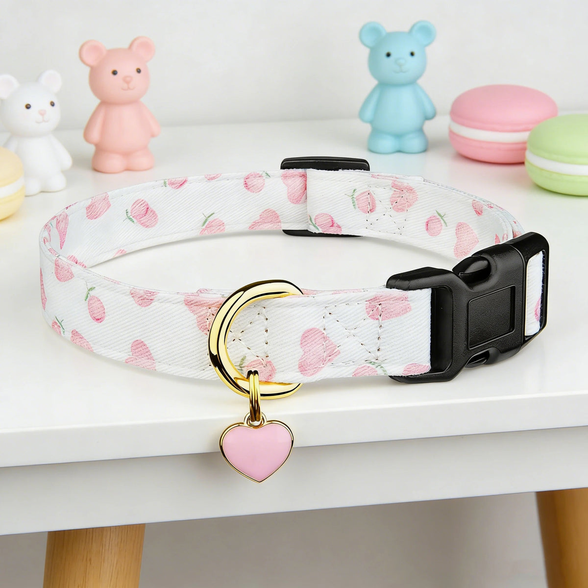 Cotton Dog Collar with Heart or Strawberry Charm