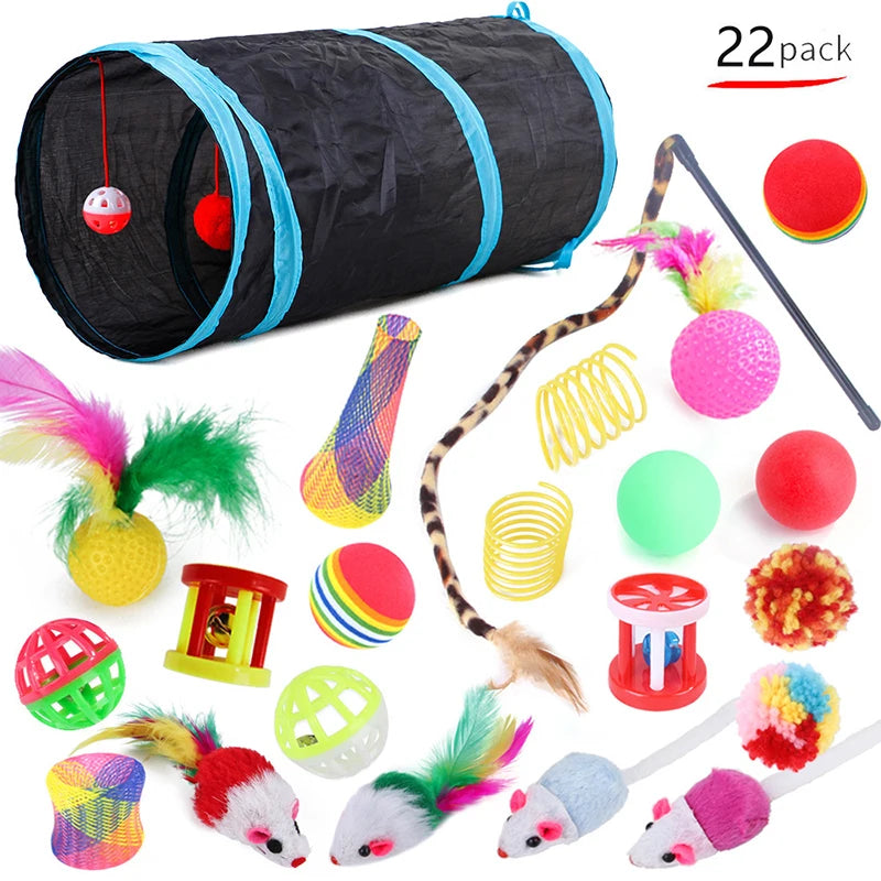 Cat Toy Set with Play Tunnel, 22 Pieces