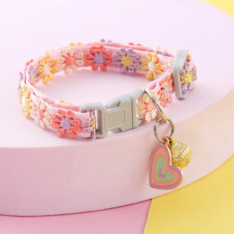 Flower Cat Collar with Bell and Charm - Pastel, heart charm