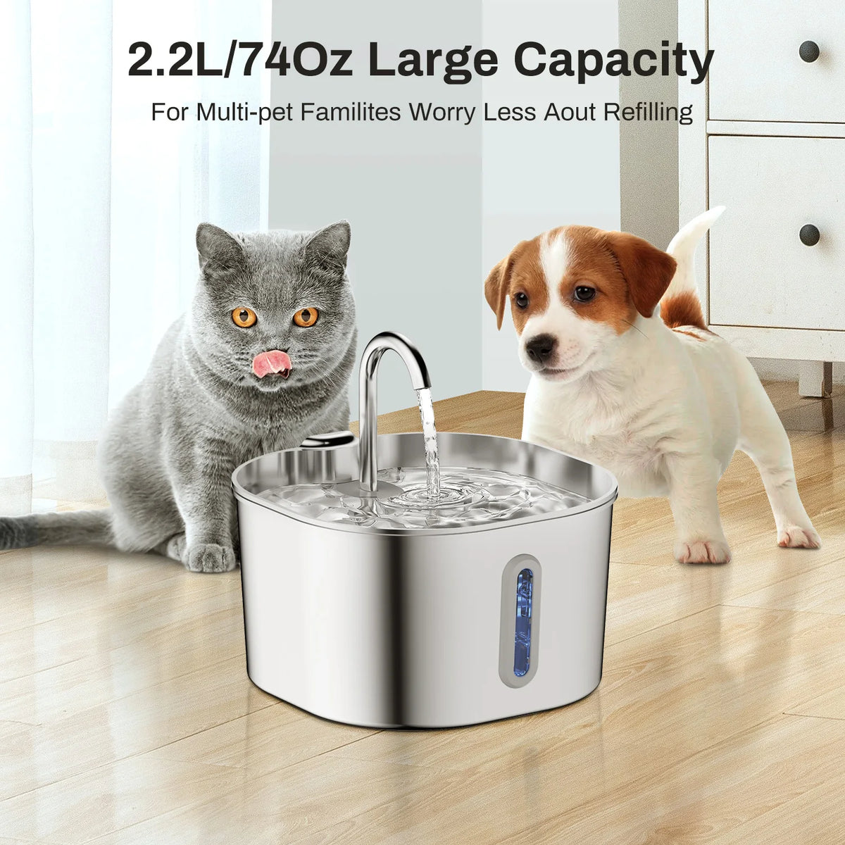 Stainless Steel Cat Water Fountain, 2.2 L