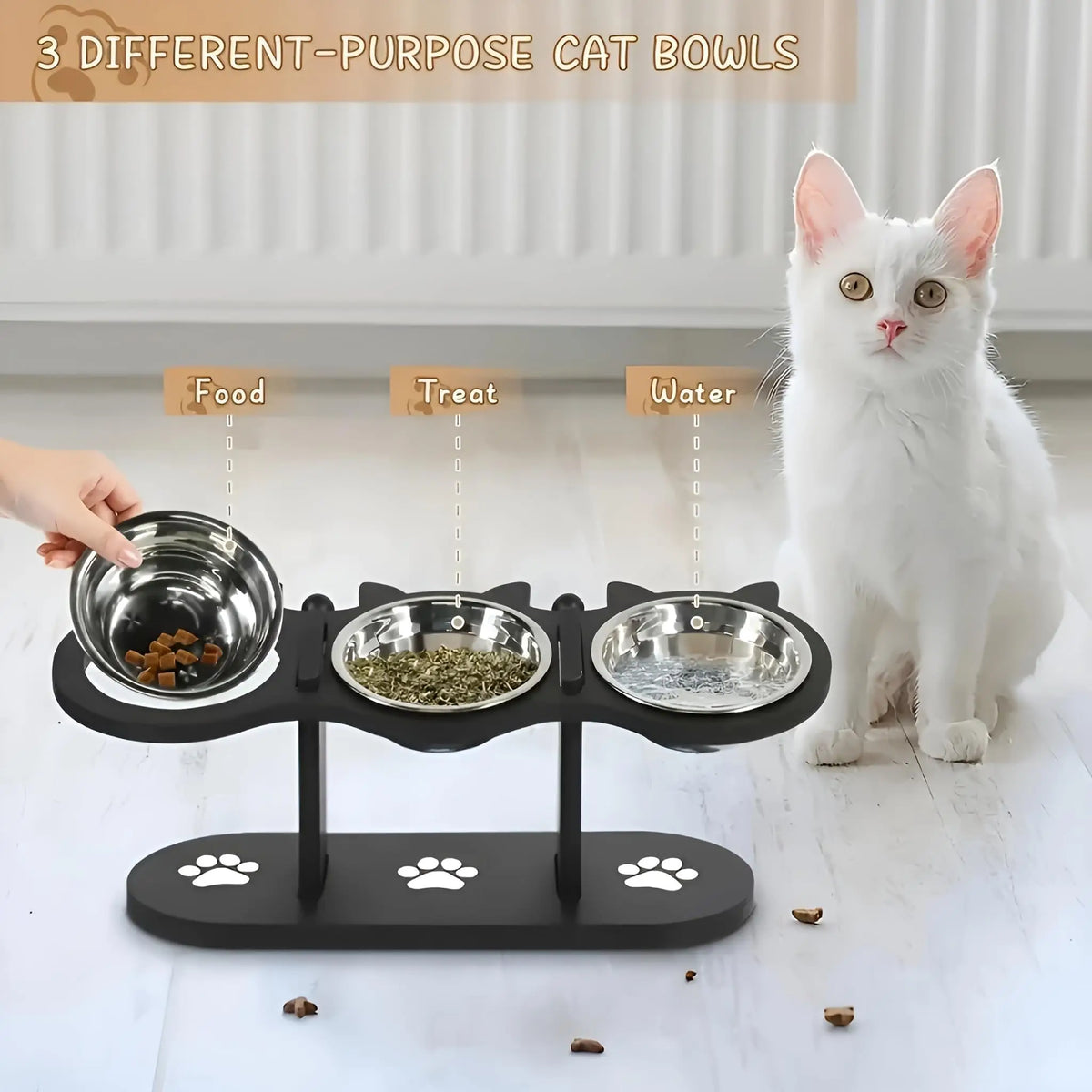 Tilted Stainless Steel Cat Bowls on Wooden Stand