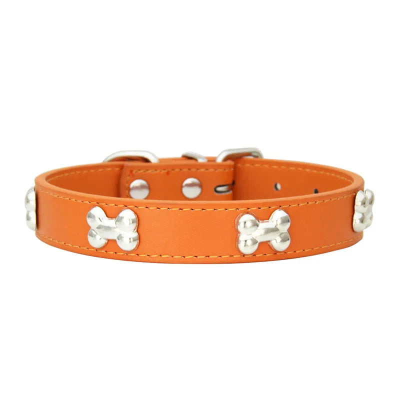 Leather Dog Collar with Bone Studs - Orange / XS