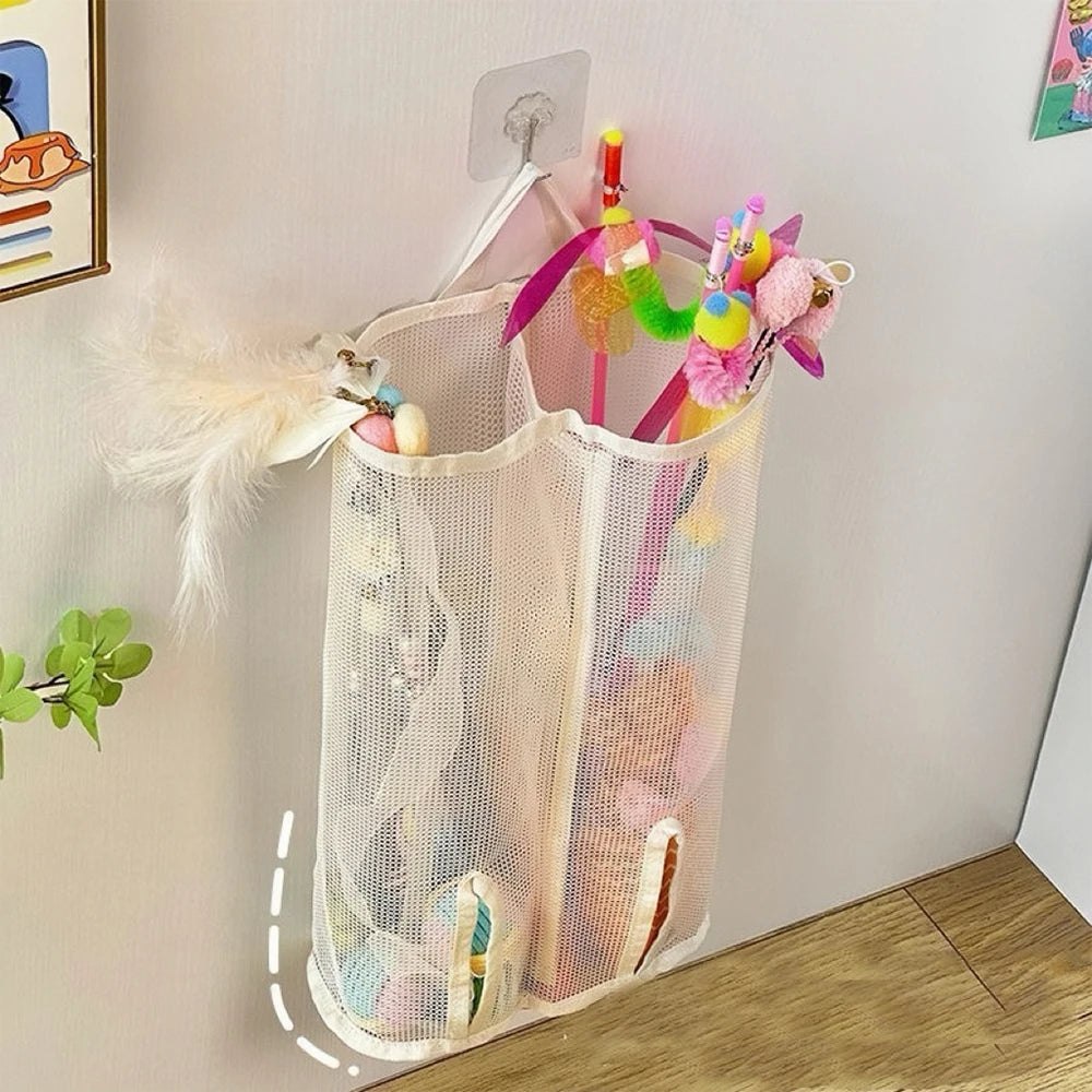 Wall-Hanging Mesh Storage for Cat Toys