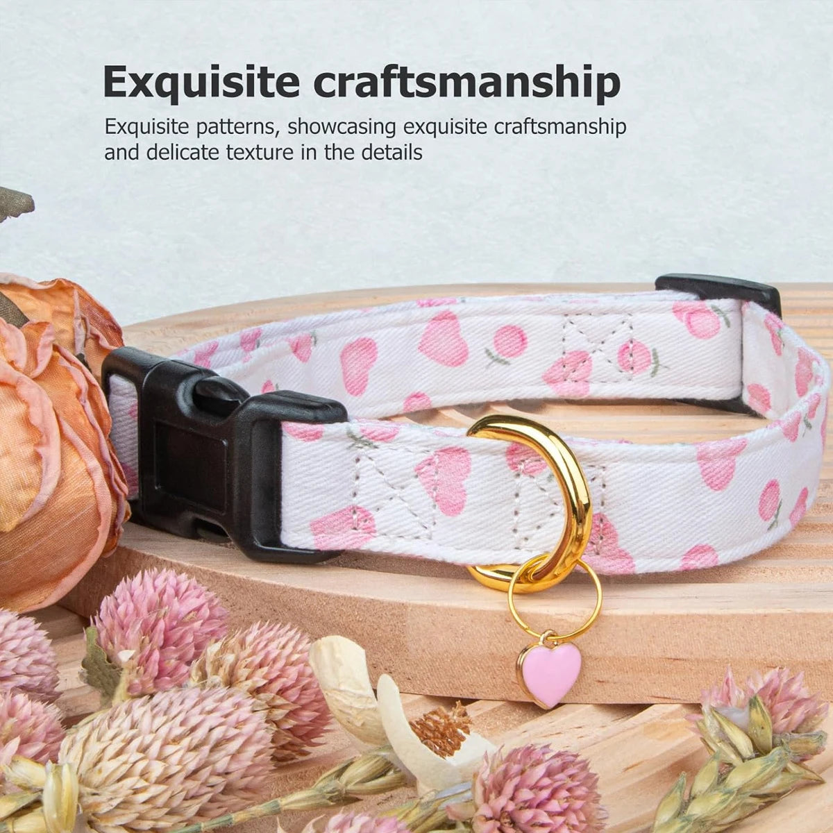 Cotton Dog Collar with Heart or Strawberry Charm