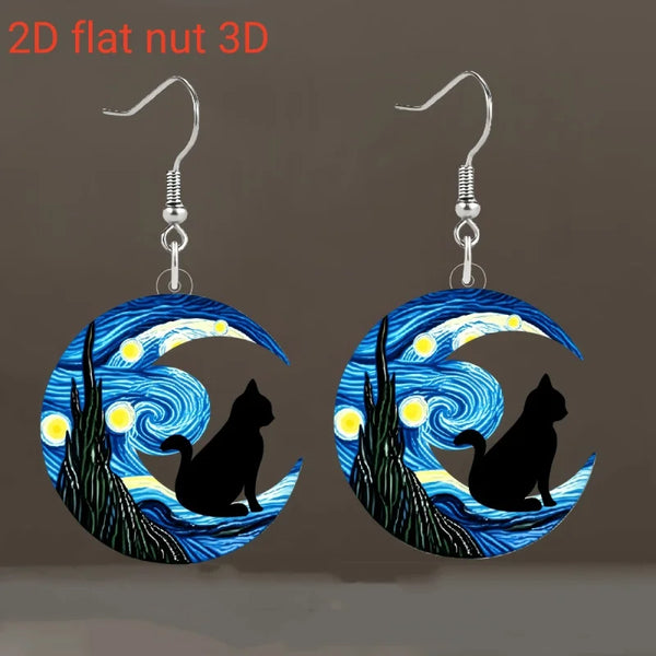 Starry Night Moon Cat Earrings