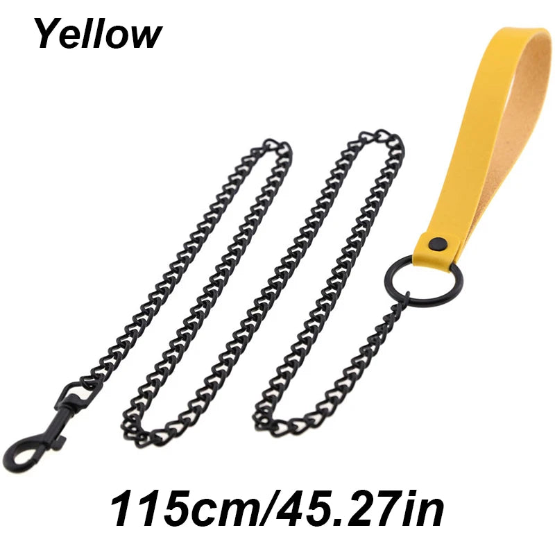 Chew-Proof Chain Dog Lead with Padded Handle - Yellow