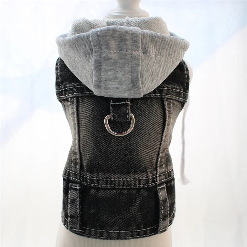 Denim Jacket with Hood for Small Dogs - Black / XS