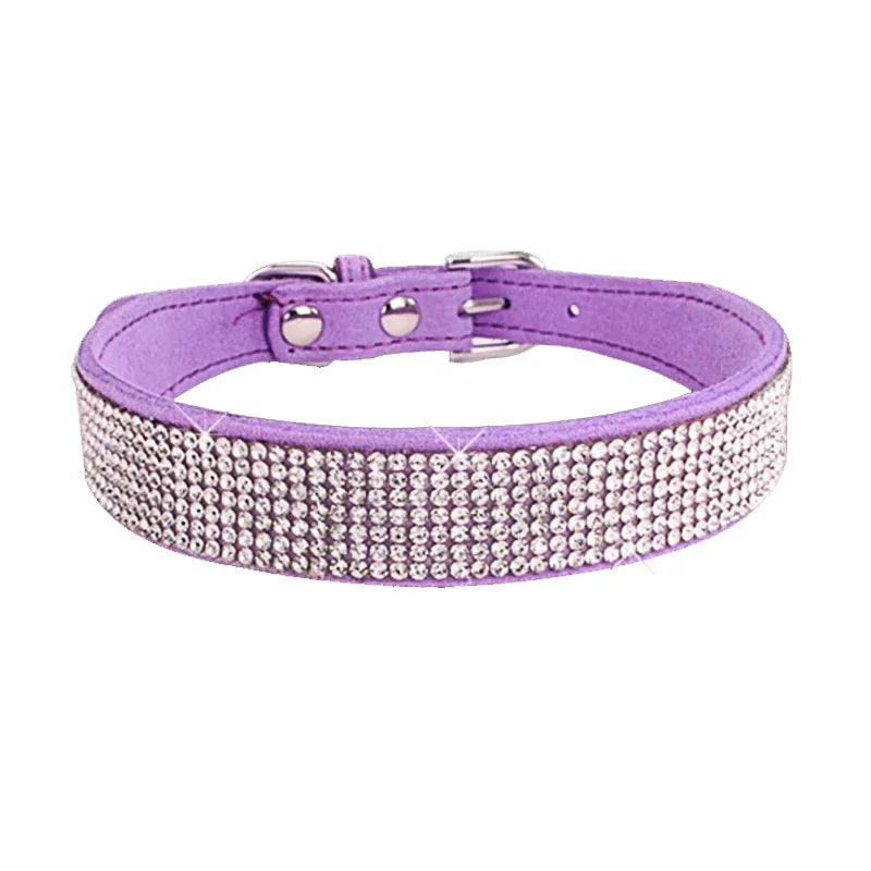 Rhinestone Suede Dog Collar - Purple / XXS